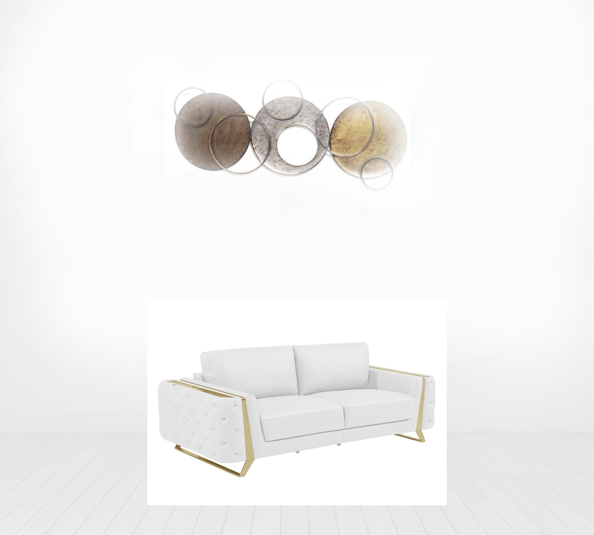 90" White Italian Leather Sofa With Gold Legs