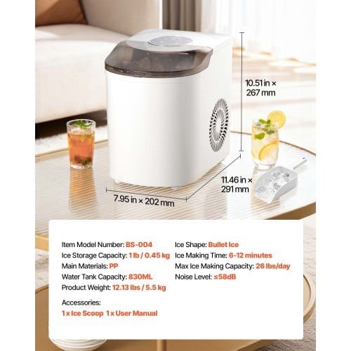 Countertop Ice Maker, 7 Cubes Ready in 6 Mins, 26 lbs per Day, Self-Cleaning Portable Machine with Ice Scoop, Ice-Making Machine with 2 Sizes Bullet Ices for Home, Kitchen, Office, Bar & Party