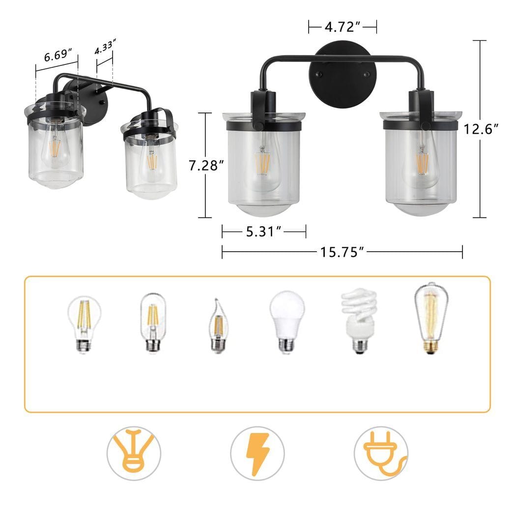 Wall Sconces Set of 2 with Clear Glass Shade,Modern Wall Sconce, Industrial Indoor Wall Light Fixture for Bathroom Living Room Bedroom Over Kitchen Sink,E26 Socket, Bulbs Not Included