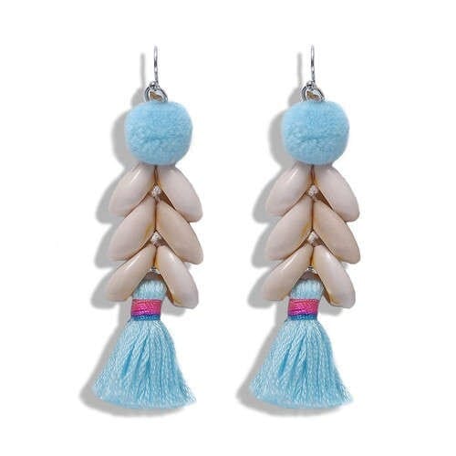 Fluffy Ball Tassel and Seashell Combo Design Women Fashion Earrings - Blue