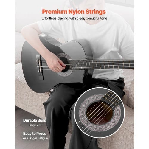 Classical Guitar, 38 Inch, Wood Classical Guitar Starter Kit for Beginners, with Nylon Strings, Gig Bag, Strap, Tuner, Extra Strings, Picks, Capo, Basswood, for Teenagers Adults Students, Black