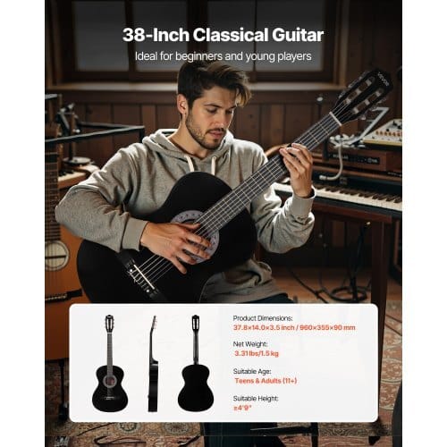 Classical Guitar, 38 Inch, Wood Classical Guitar Starter Kit for Beginners, with Nylon Strings, Gig Bag, Strap, Tuner, Extra Strings, Picks, Capo, Basswood, for Teenagers Adults Students, Black