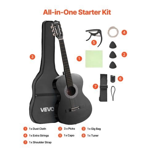 Classical Guitar, 38 Inch, Wood Classical Guitar Starter Kit for Beginners, with Nylon Strings, Gig Bag, Strap, Tuner, Extra Strings, Picks, Capo, Basswood, for Teenagers Adults Students, Black