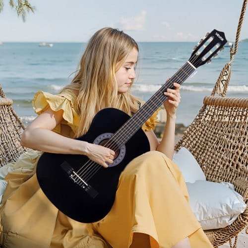 Classical Guitar, 38 Inch, Wood Classical Guitar Starter Kit for Beginners, with Nylon Strings, Gig Bag, Strap, Tuner, Extra Strings, Picks, Capo, Basswood, for Teenagers Adults Students, Black