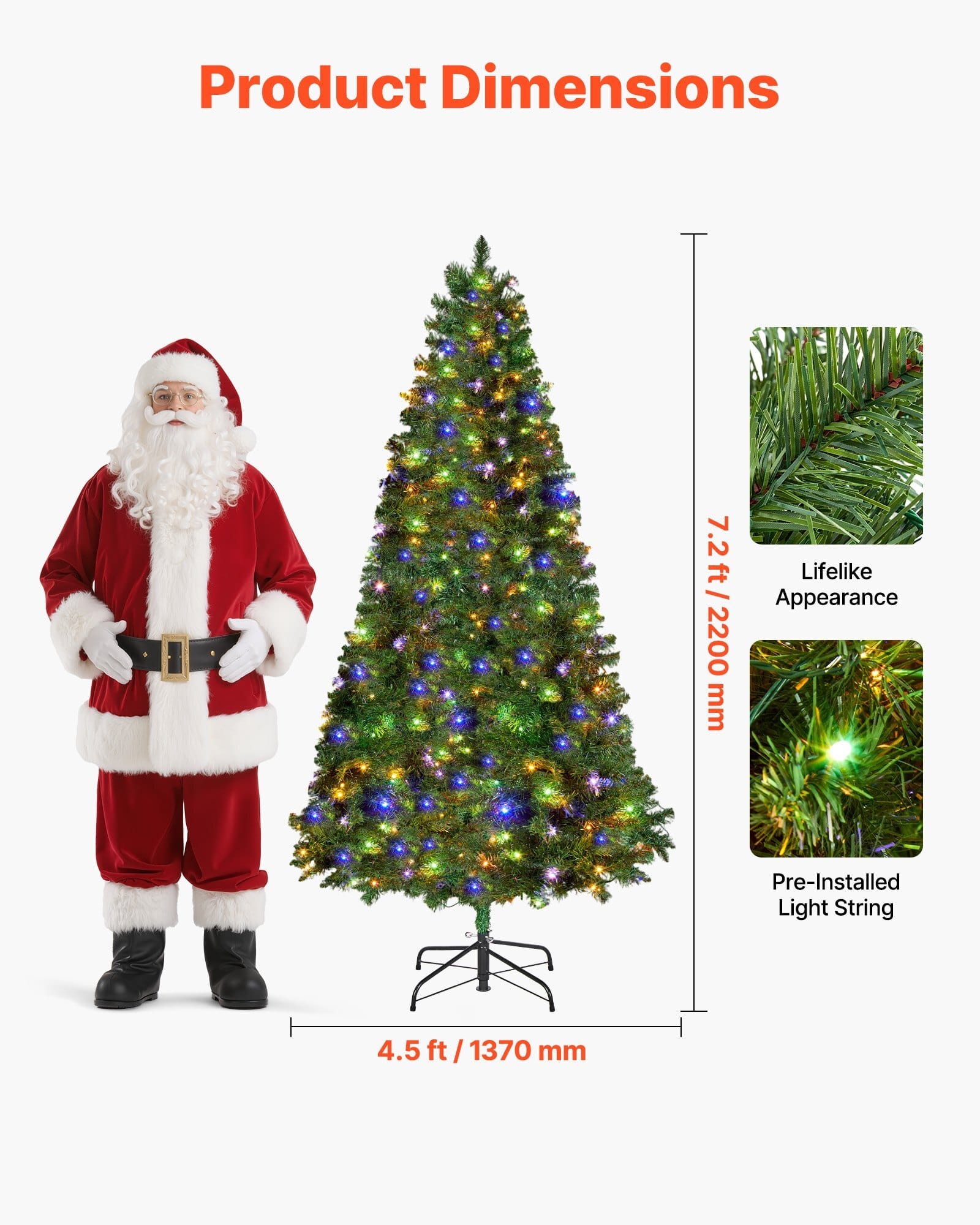 Christmas Tree, 7.2ft Prelit Artificial Xmas Tree, Full Holiday Decor Trees with 470 Colorful LED Lights, 11 Lighting Modes, 1346 Branch Tips & Sturdy Metal Base for Home Party Office Decoration