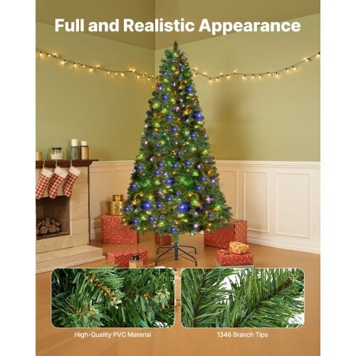 Christmas Tree, 7.2ft Prelit Artificial Xmas Tree, Full Holiday Decor Trees with 470 Colorful LED Lights, 11 Lighting Modes, 1346 Branch Tips & Sturdy Metal Base for Home Party Office Decoration