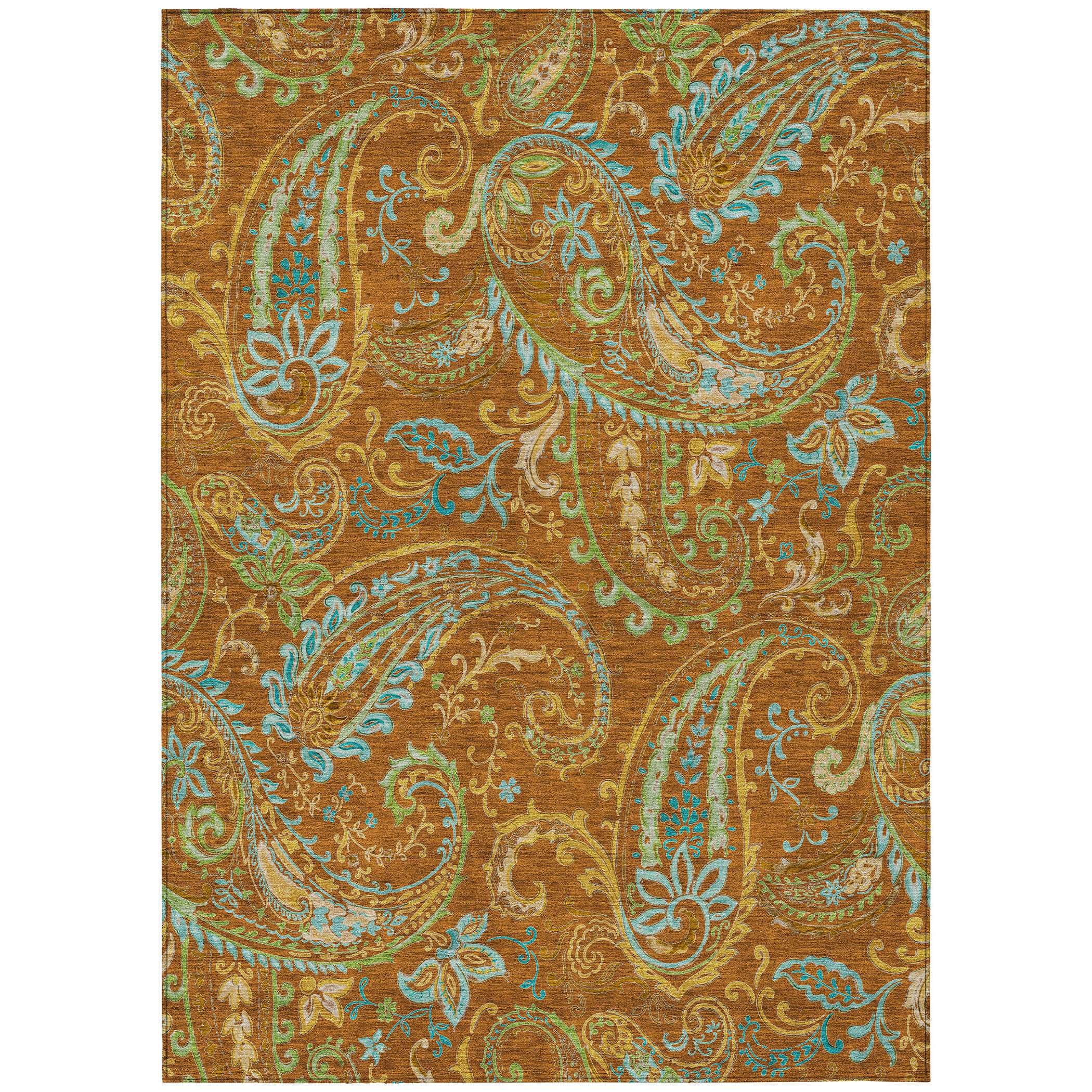 3' X 5' Orange Paisley Washable Non Skid Indoor Outdoor Area Rug
