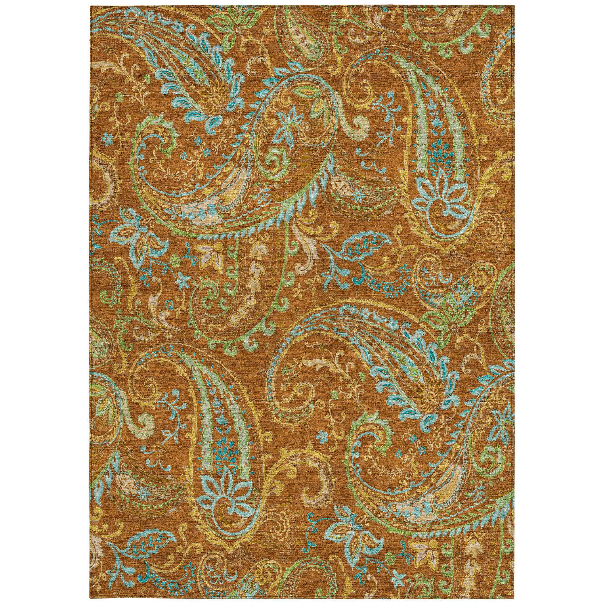 3' X 5' Orange Paisley Washable Non Skid Indoor Outdoor Area Rug
