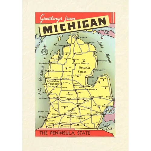 Vintage Lined Notebook Greetings from Michigan, Map - Paperback