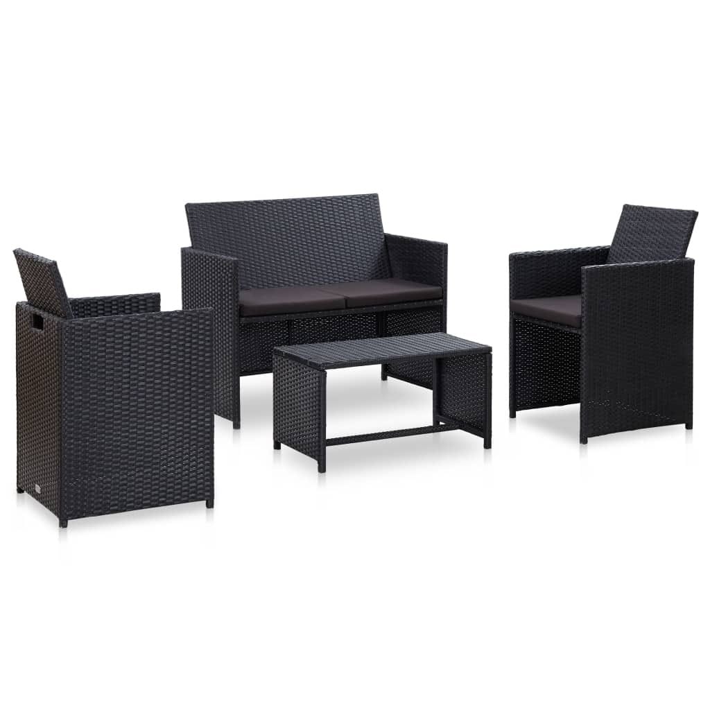 4 Piece Patio Lounge Set with Cushions Poly Rattan Black