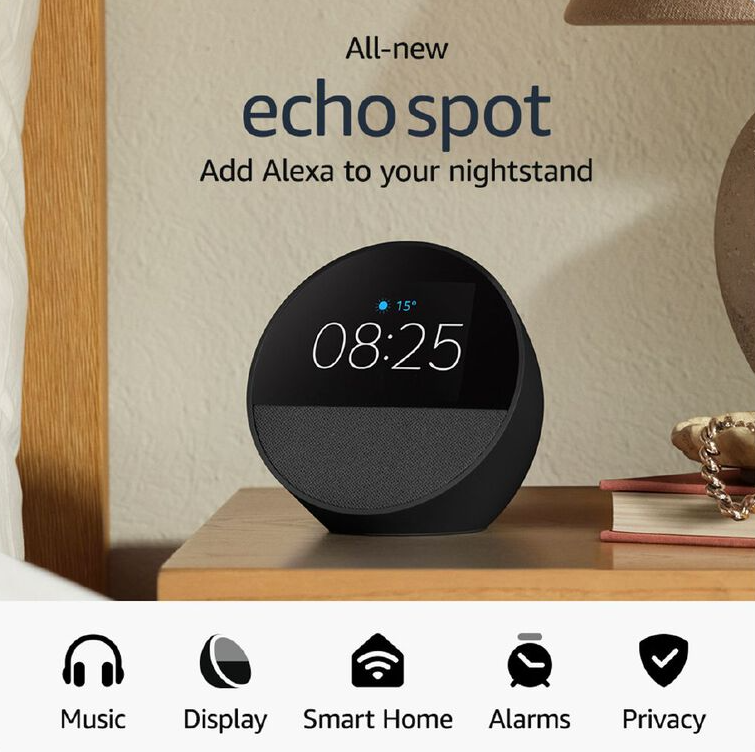 Amazon Echo Spot 2024 Smart Alarm Clock With Vibrant Sound plus Alexa - Black