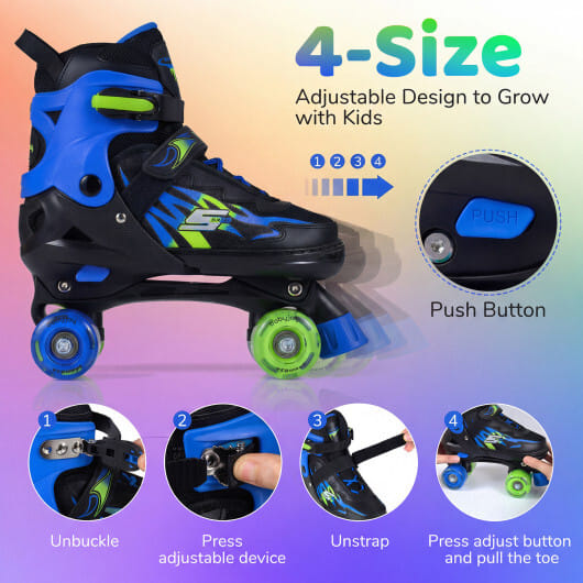 Kids Roller Skates for Girls Boys Teens 4 Sizes Adjustable Quad Skates with Light-up Wheels-Navy - Color: Navy