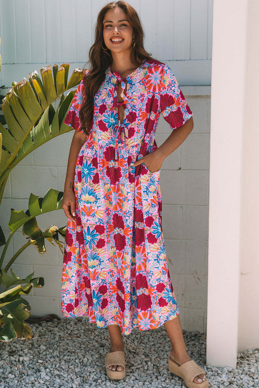 Rose Floral Tied Front High Waist Short Sleeve Loose Long Dress