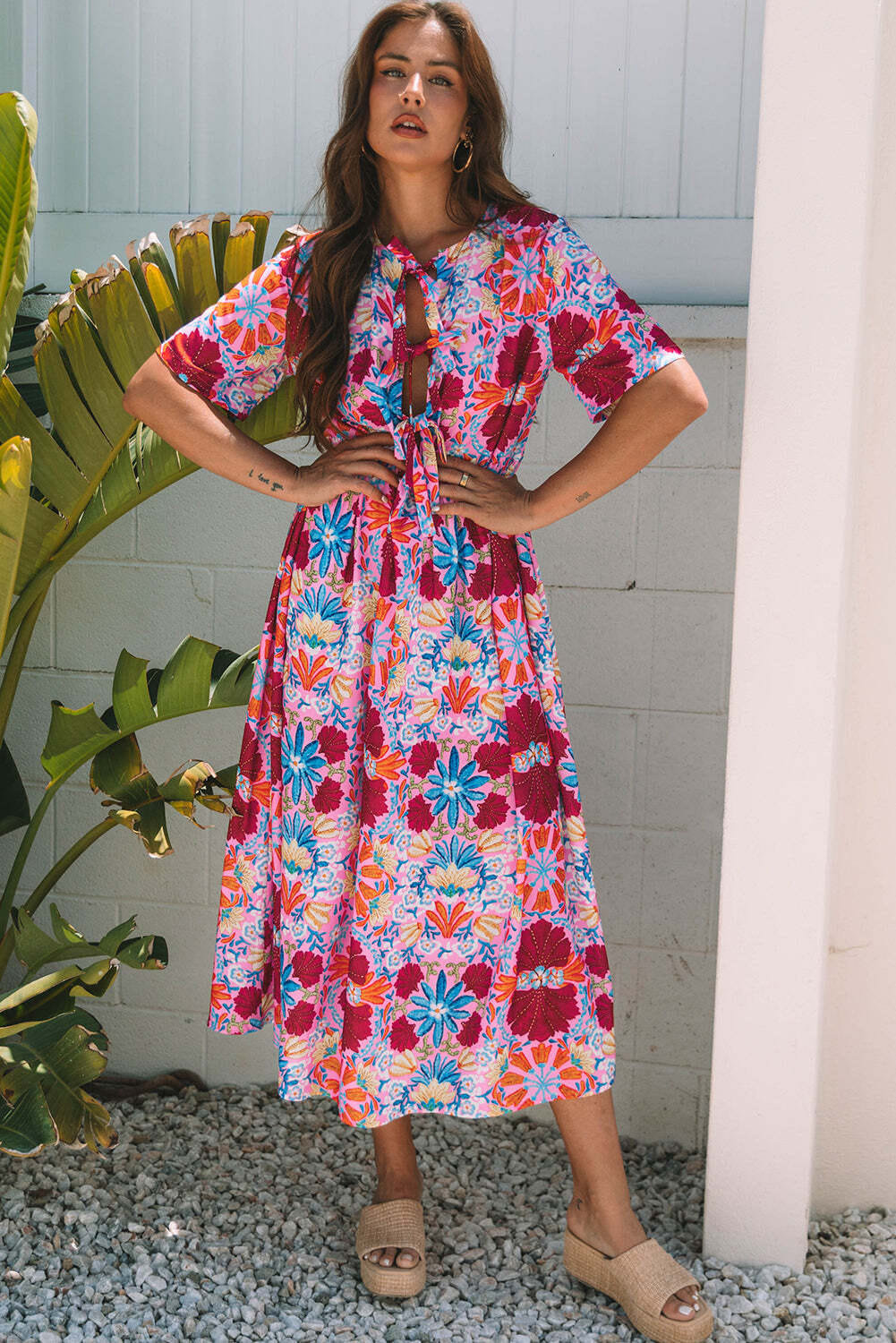 Rose Floral Tied Front High Waist Short Sleeve Loose Long Dress