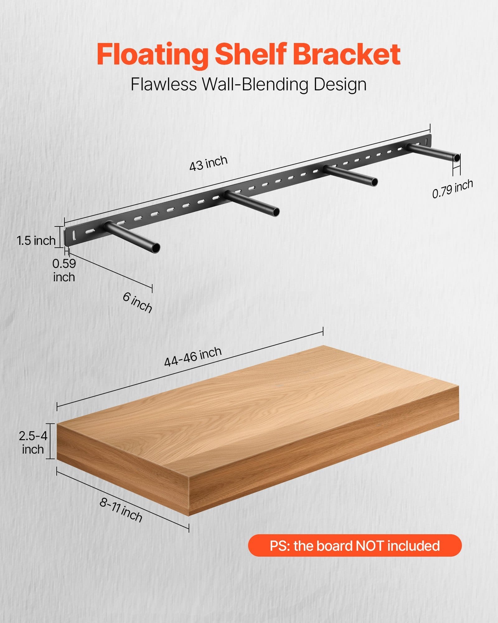 Floating Shelf Bracket 1 Pack, 230 lbs/104 kg Weight Capacity, 43x6.2x1.5 inch / 1092.2x157.4x38.1 mm, Heavy Duty Hidden Shelf Brackets Support, Wall Mounting Invisible Floating Shelves Bracket