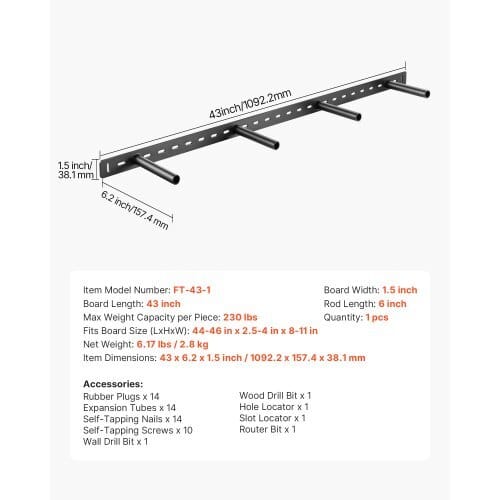 Floating Shelf Bracket 1 Pack, 230 lbs/104 kg Weight Capacity, 43x6.2x1.5 inch / 1092.2x157.4x38.1 mm, Heavy Duty Hidden Shelf Brackets Support, Wall Mounting Invisible Floating Shelves Bracket