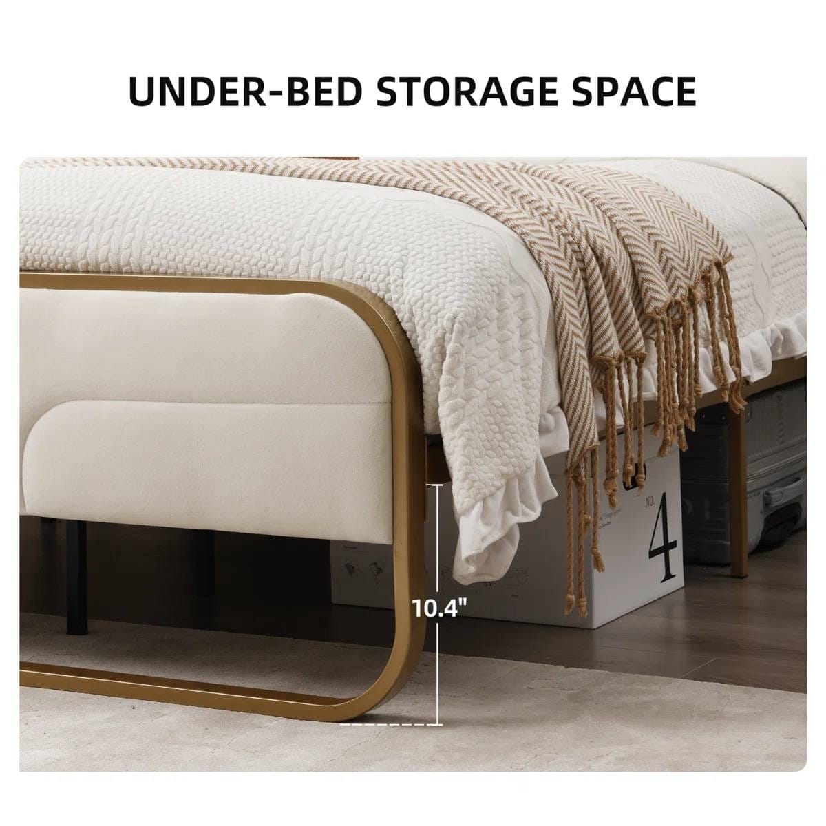 Full size Beige Upholstered Headboard Footboard Platform Bed with Gold Metal Frame