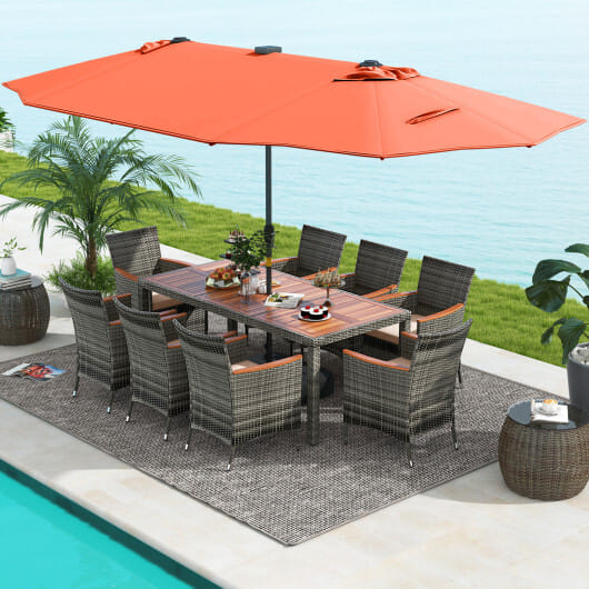 11 Pieces Patio Dining Set with 15 Feet Double-Sided Patio Umbrella Base Included-Orange - Color: Orange - Size: 15 ft