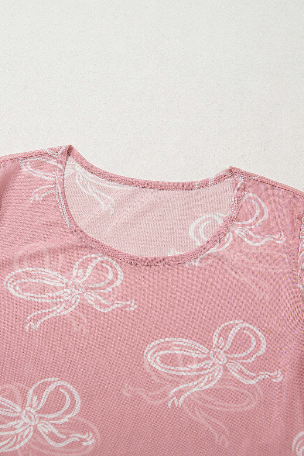 Pink Round Neck Bow Print Long Sleeve Mesh Top