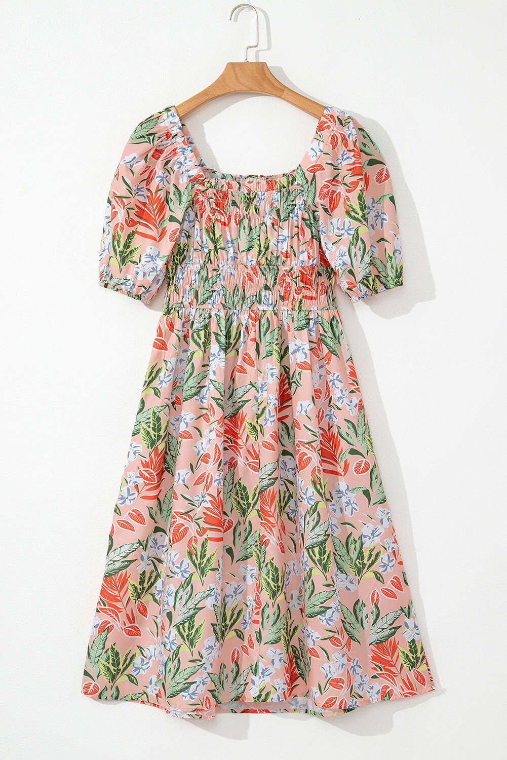 Apricot Pink Floral Smocked Bust Bubble Short Sleeve Maxi Dress