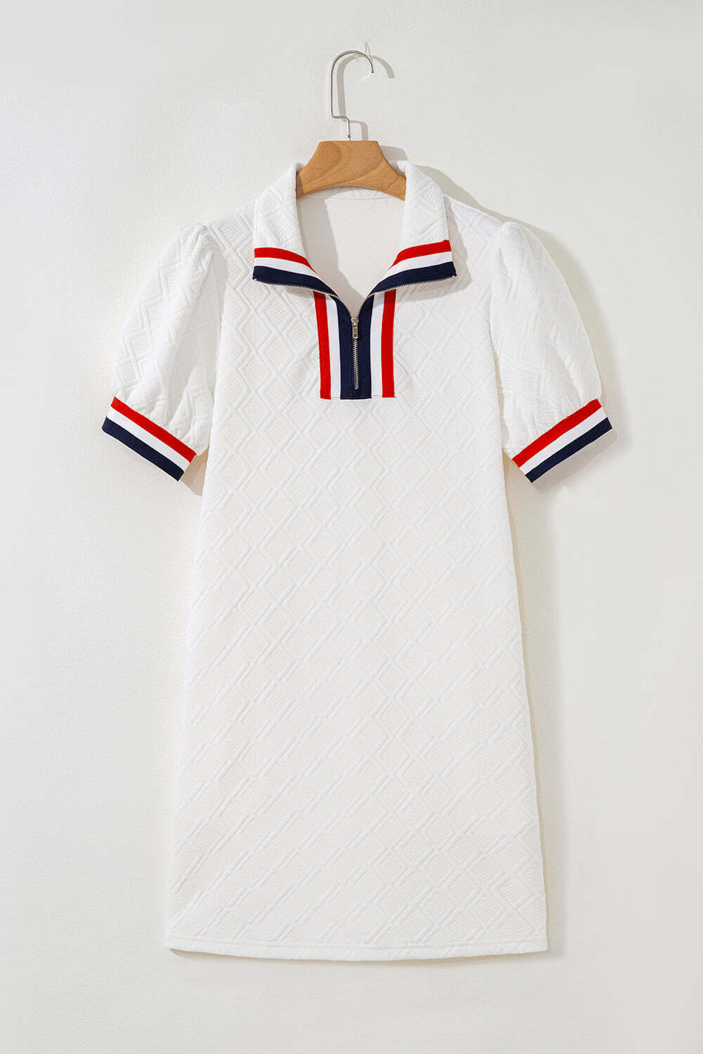 White Textured Jacquard Colorblock Edge Puff Sleeve Quarter Zip Mini Dress