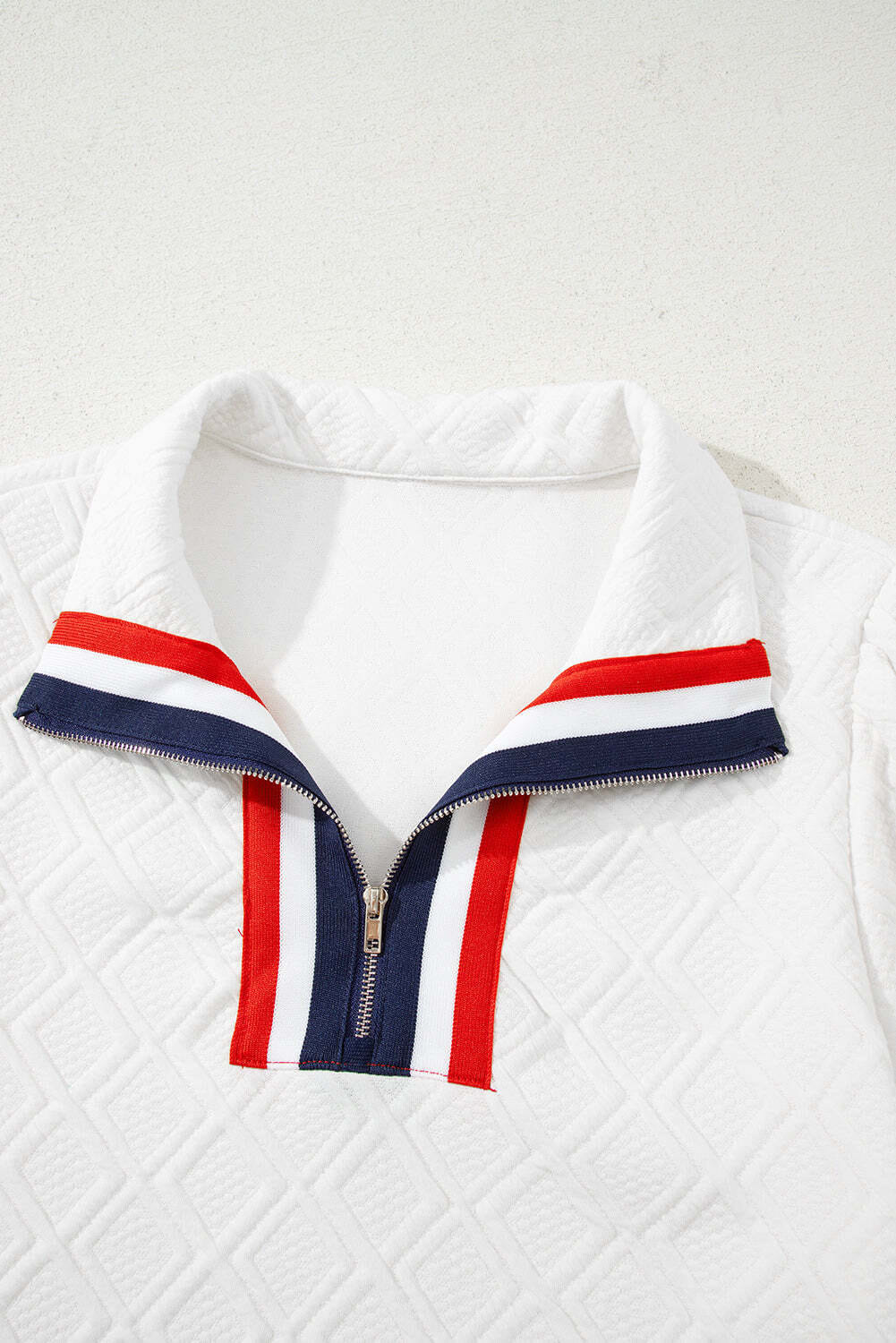 White Textured Jacquard Colorblock Edge Puff Sleeve Quarter Zip Mini Dress
