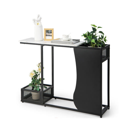 43.5 Inch Console Table with Plant Position and Faux Marble Top-Black - Color: Black & White