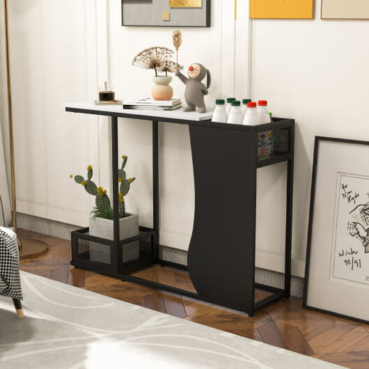 43.5 Inch Console Table with Plant Position and Faux Marble Top-Black - Color: Black & White
