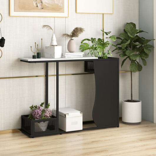 43.5 Inch Console Table with Plant Position and Faux Marble Top-Black - Color: Black & White