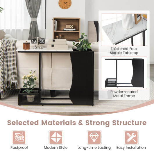 43.5 Inch Console Table with Plant Position and Faux Marble Top-Black - Color: Black & White