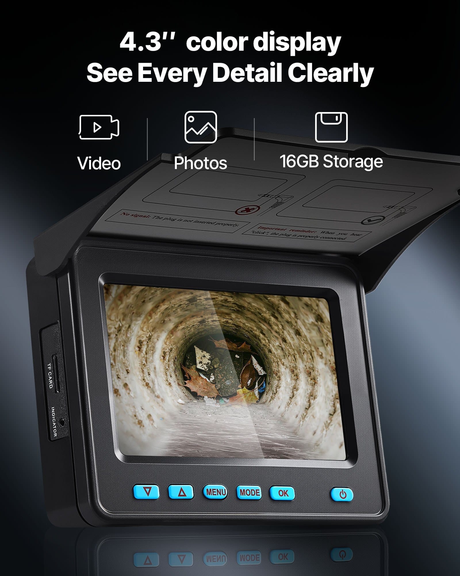 Sewer Camera, 66 ft/20m, 4.3" Drain Inspection Camera, IP68 Waterproof Snake Plumbing Camera with Lights - 6 Adjustable LEDs, 4500mAh Battery & 16GB Card for Sewer Line Duct Pipes