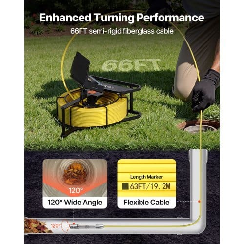 Sewer Camera, 66 ft/20m, 4.3" Drain Inspection Camera, IP68 Waterproof Snake Plumbing Camera with Lights - 6 Adjustable LEDs, 4500mAh Battery & 16GB Card for Sewer Line Duct Pipes