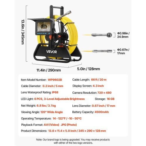 Sewer Camera, 66 ft/20m, 4.3" Drain Inspection Camera, IP68 Waterproof Snake Plumbing Camera with Lights - 6 Adjustable LEDs, 4500mAh Battery & 16GB Card for Sewer Line Duct Pipes