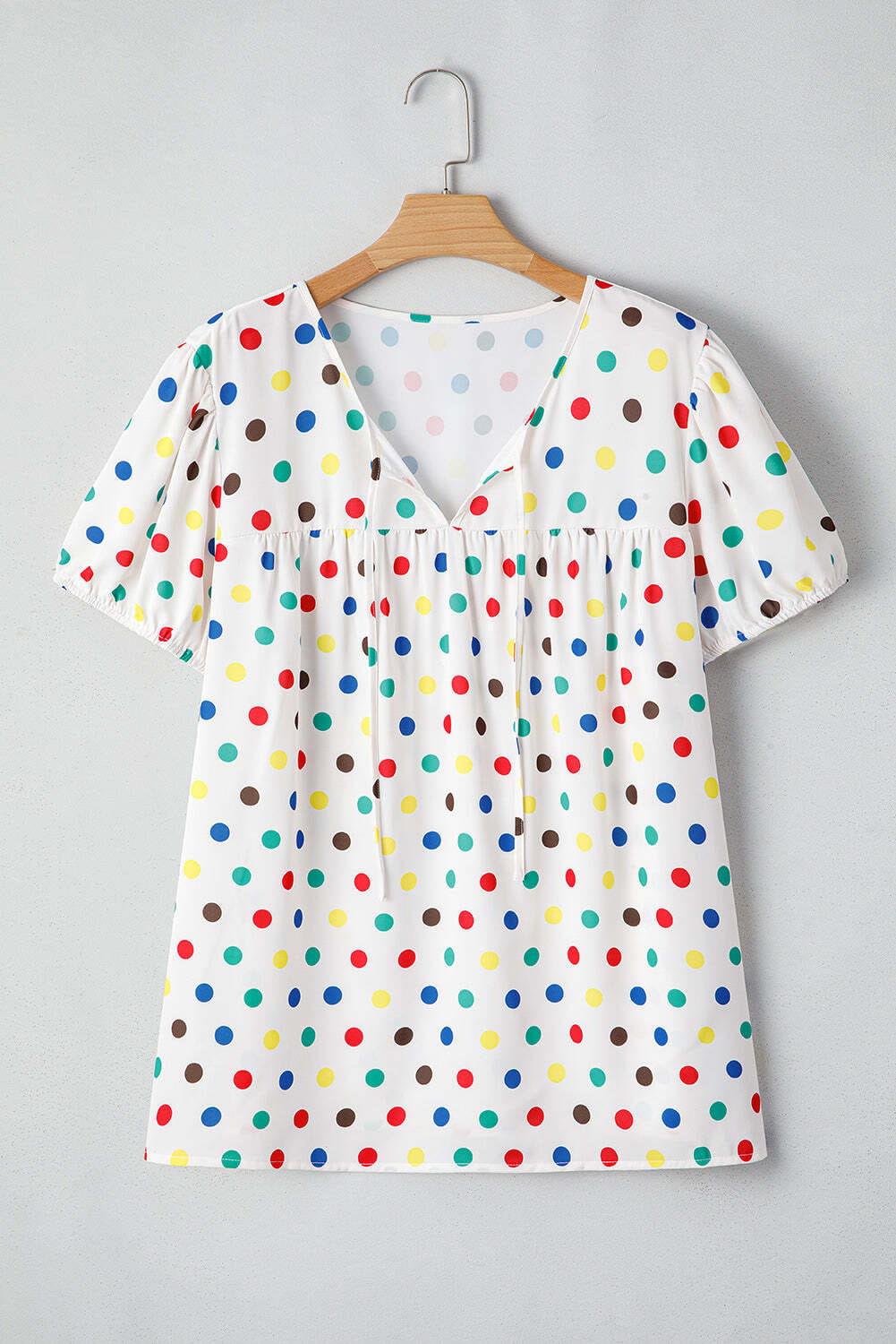 Apricot Plus Size Colorful Polka Dots Tie Neck Puff Sleeve Blouse