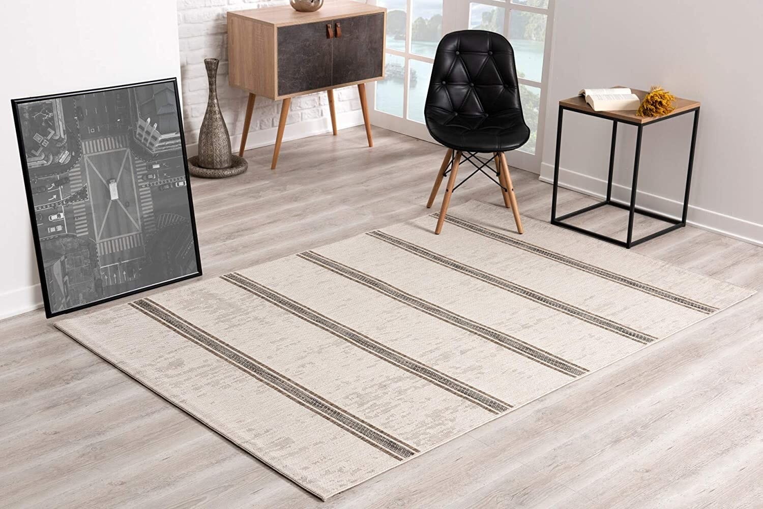 3' X 5' Ivory and Gray Striped Power Loom Area Rug