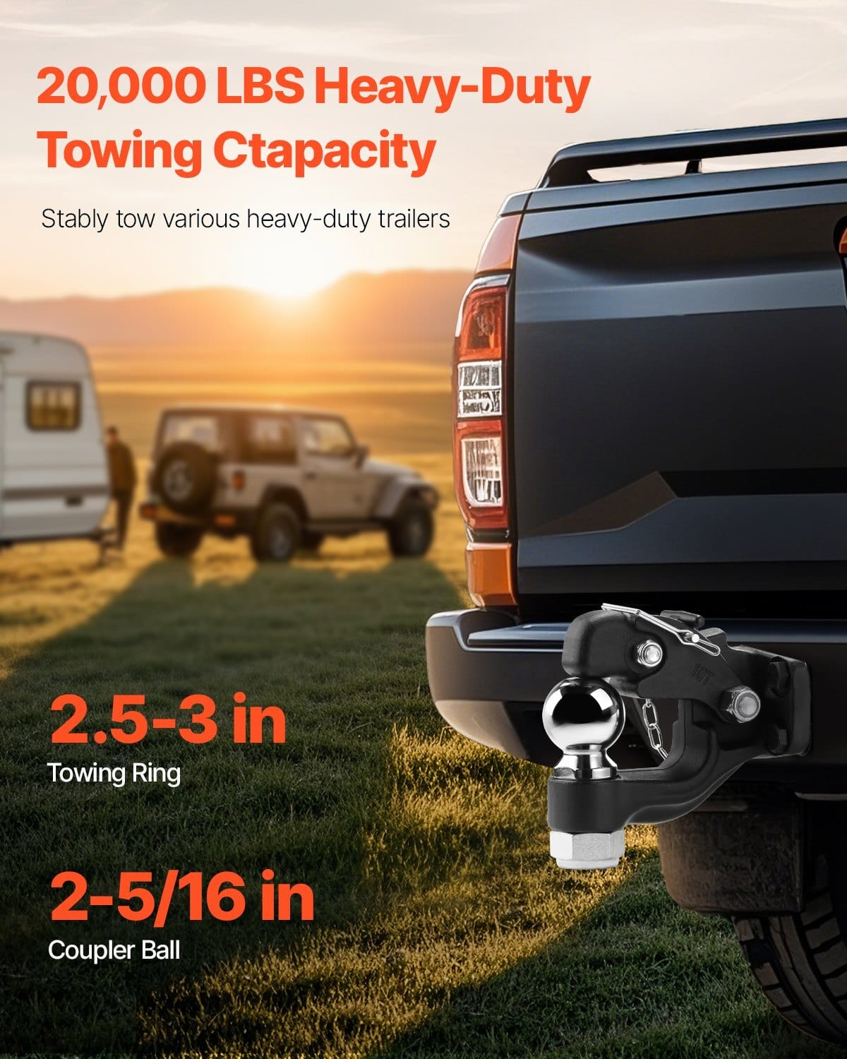 Pintle Hook, 20000 lbs Towing Capacity, Trailer Hitches Receiver Hook Combination 2-5/16-inch Hitch Ball, Fits 2.5 to 3-inch Lunette Ring with Mounting Kit, Wear-resistant, Black Powder Coat