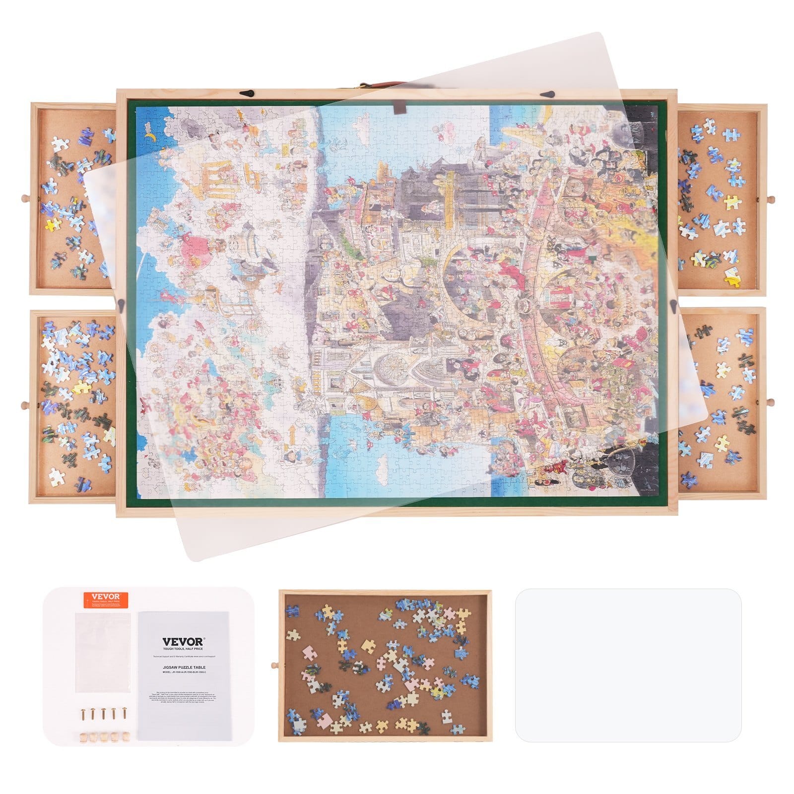 1500 Piece Puzzle Table with Folding Legs, 4 Drawers and Cover, 32.7"x24.6" Wooden Jigsaw Puzzle Plateau, Adjustable 3-Tilting-Angle Puzzle Board, Puzzle Storage System for Adults, Gift for Mom
