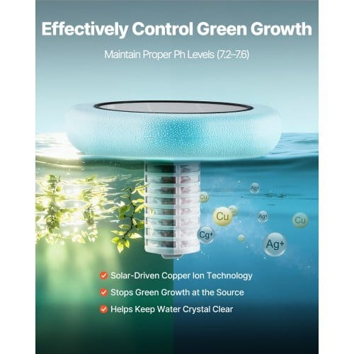 Solar Pool Ionizer, Hexagon Copper Pool Ionizer Up to 45000 Gal, Floating Automatic Water Cleaner and Purifier, Chlorine Free Water, with Copper Anode, Spring, Brush and Filter for Pools & Spas
