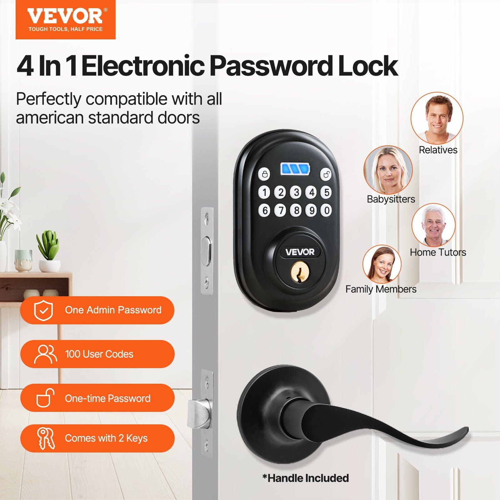 Keyless Entry Door Lock with Handle, Electronic Keypad Entry Lever, Password and Key Unlock Combination, Auto-Locking Keypad with Deadbolt, One-time Password, for Front Door, Matte Black