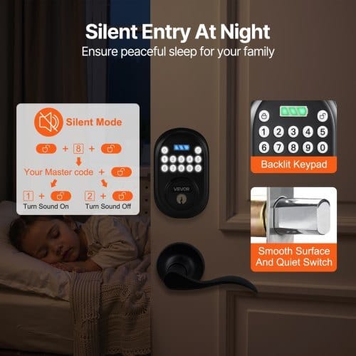 Keyless Entry Door Lock with Handle, Electronic Keypad Entry Lever, Password and Key Unlock Combination, Auto-Locking Keypad with Deadbolt, One-time Password, for Front Door, Matte Black