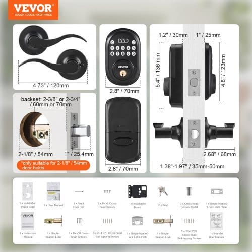 Keyless Entry Door Lock with Handle, Electronic Keypad Entry Lever, Password and Key Unlock Combination, Auto-Locking Keypad with Deadbolt, One-time Password, for Front Door, Matte Black