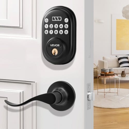 Keyless Entry Door Lock with Handle, Electronic Keypad Entry Lever, Password and Key Unlock Combination, Auto-Locking Keypad with Deadbolt, One-time Password, for Front Door, Matte Black