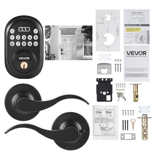 Keyless Entry Door Lock with Handle, Electronic Keypad Entry Lever, Password and Key Unlock Combination, Auto-Locking Keypad with Deadbolt, One-time Password, for Front Door, Matte Black