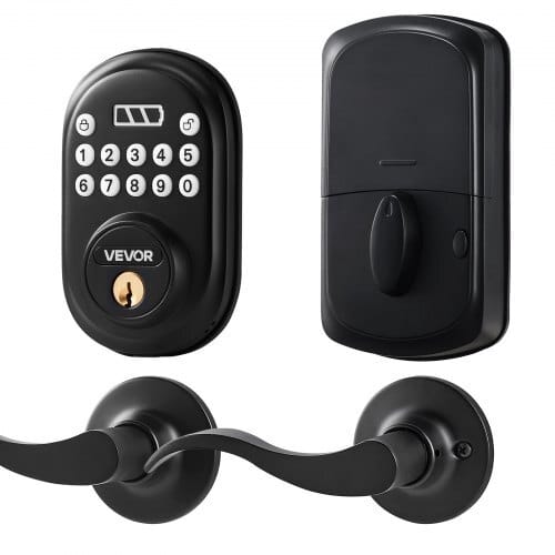 Keyless Entry Door Lock with Handle, Electronic Keypad Entry Lever, Password and Key Unlock Combination, Auto-Locking Keypad with Deadbolt, One-time Password, for Front Door, Matte Black