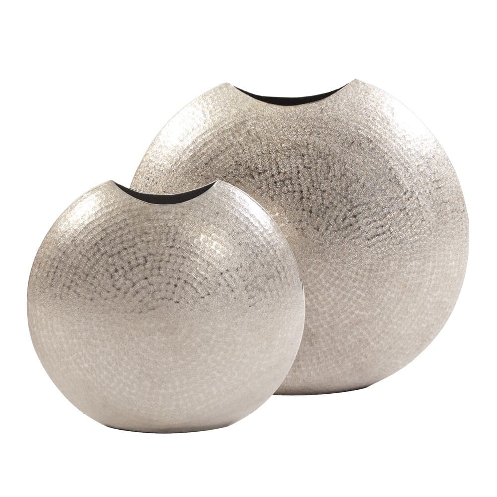 14" Silver Hammered Round Aluminum Table Vase