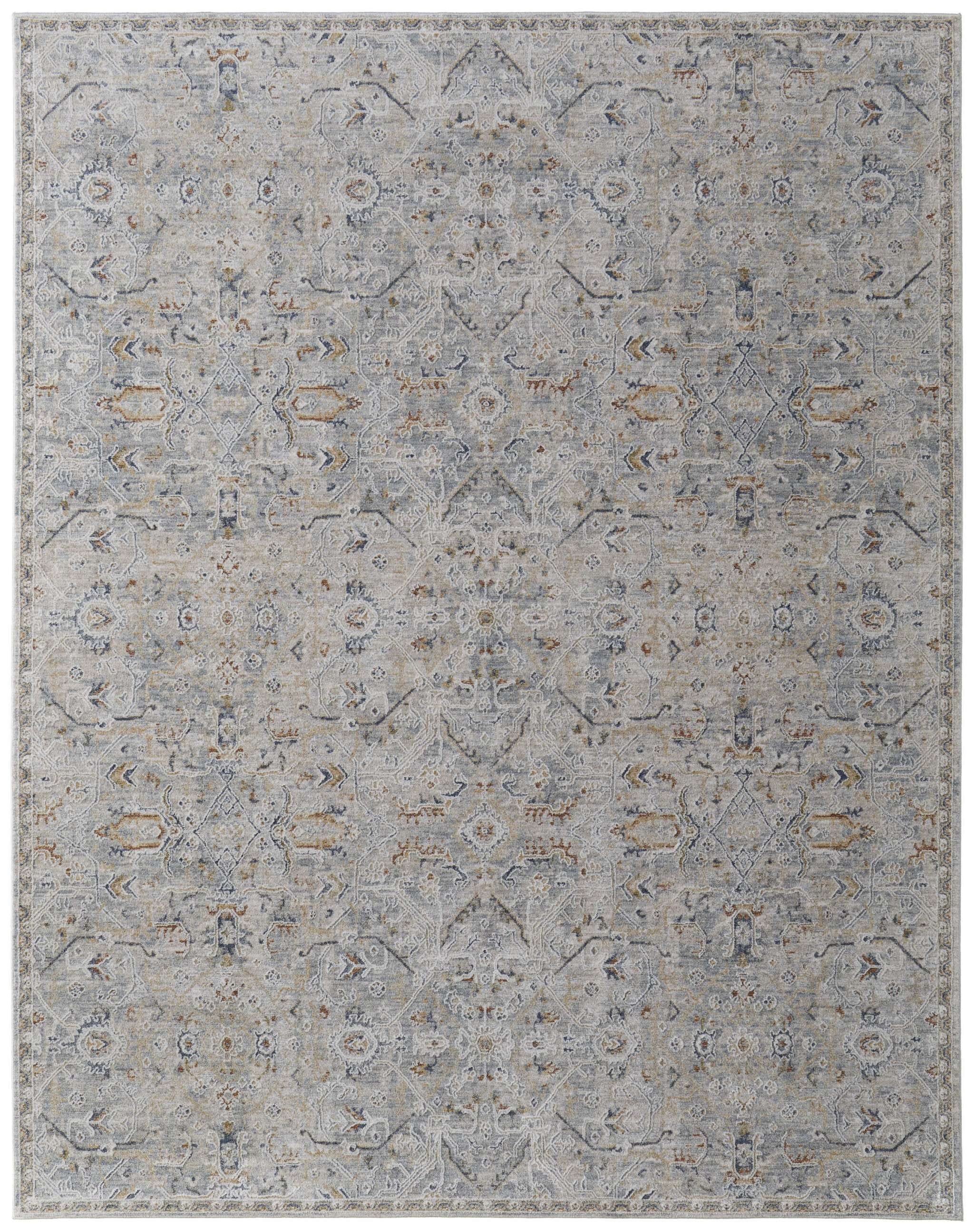7' X 10' Ivory Tan and Blue Abstract Power Loom Worn Faded Area Rug With Fringe