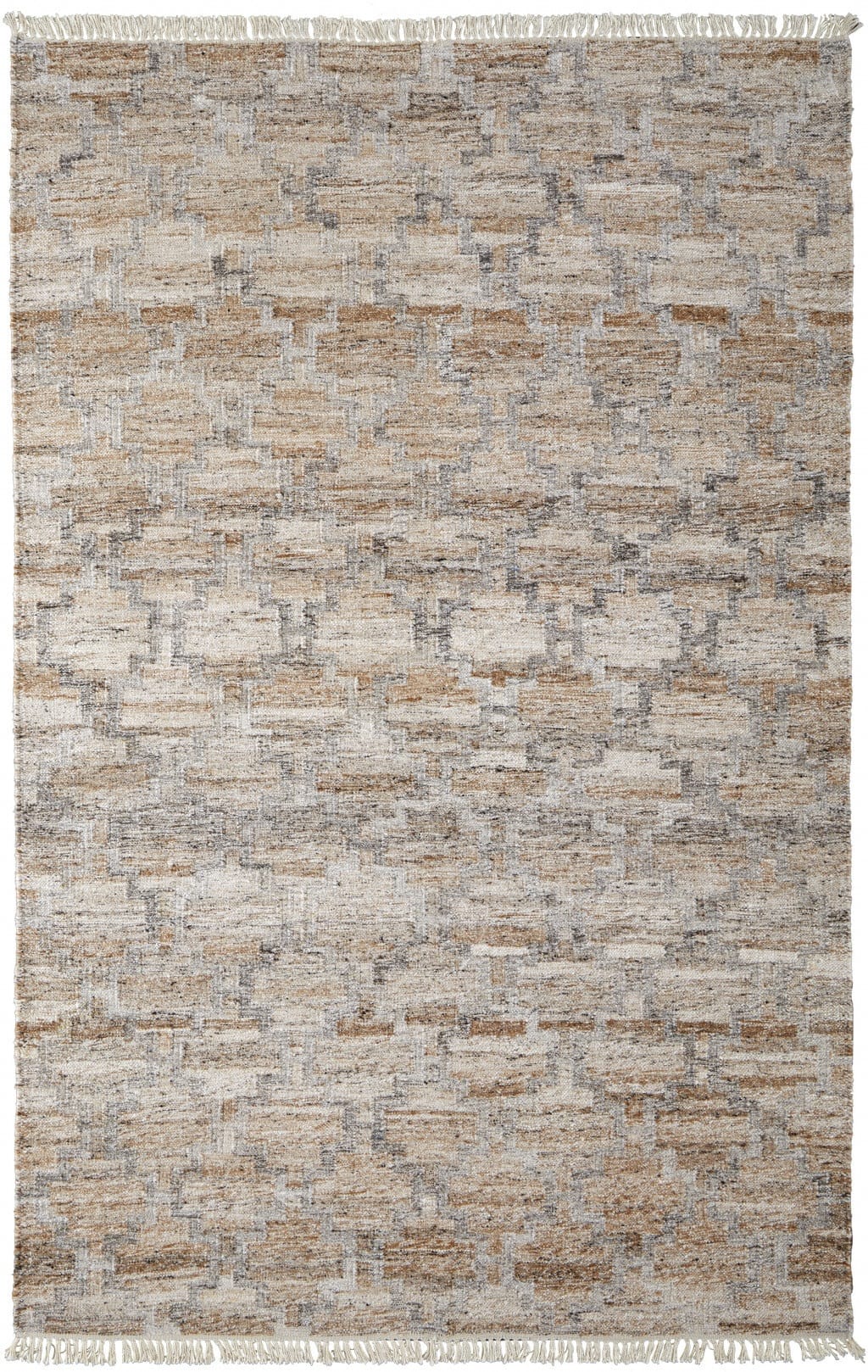 5' X 8' Tan and Gray Geometric Hand Woven Area Rug With Fringe