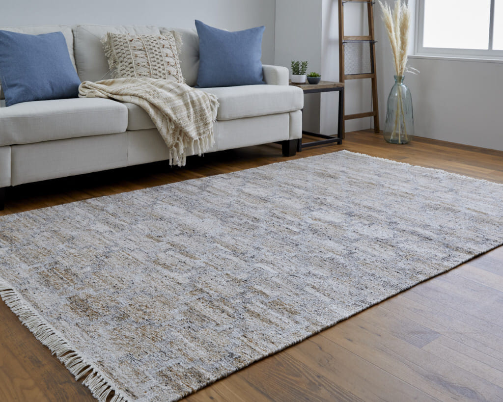 5' X 8' Tan and Gray Geometric Hand Woven Area Rug With Fringe