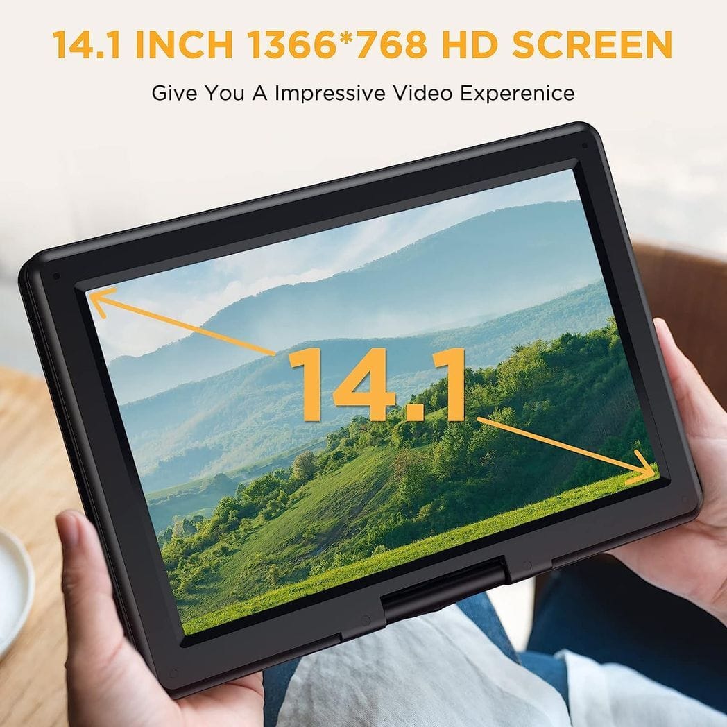 DBPOWER 16.9" Portable DVD Player with 14.1" HD Swivel Large Screen Support DVD/USB/SD Card and Multiple Disc Formats, 5000mAH Rechargeable Battery, Sync TV/Projector High Volume Speaker NS-158, Black