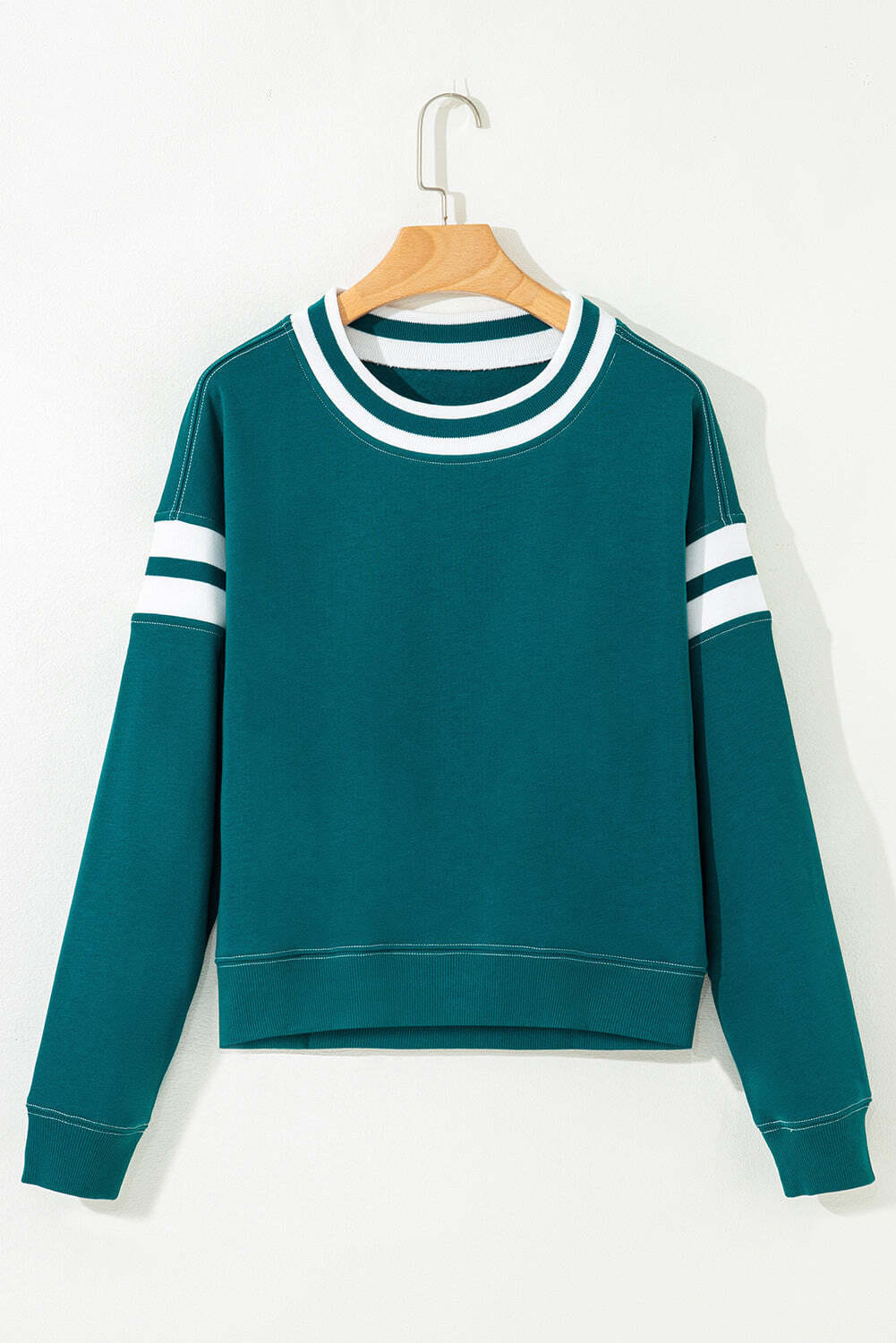 Blackish Green Contrast Striped Patchwork Round Neck Drop Shoulder Sweatshirt